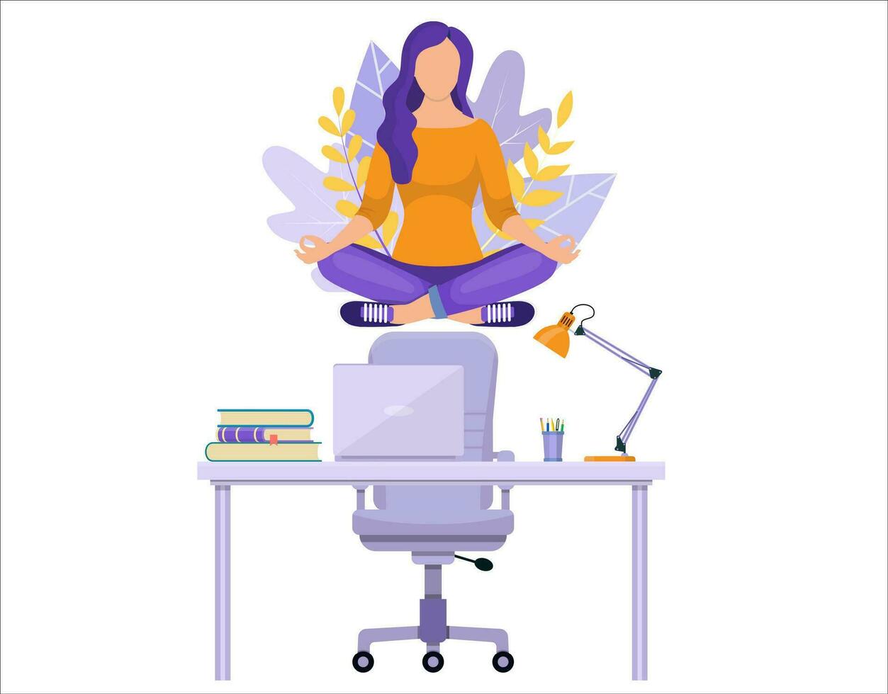 mujer de negocios haciendo yoga a calma abajo el Estresante emoción desde difícil trabajo en oficina terminado escritorio con oficina concepto de meditación . vector ilustración en plano estilo