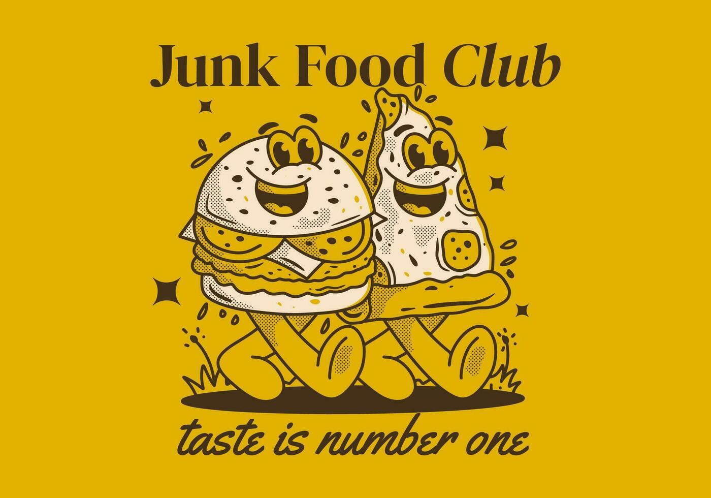 Junk Food club, taste is number one. Character illustration of walking burger and pizza vector