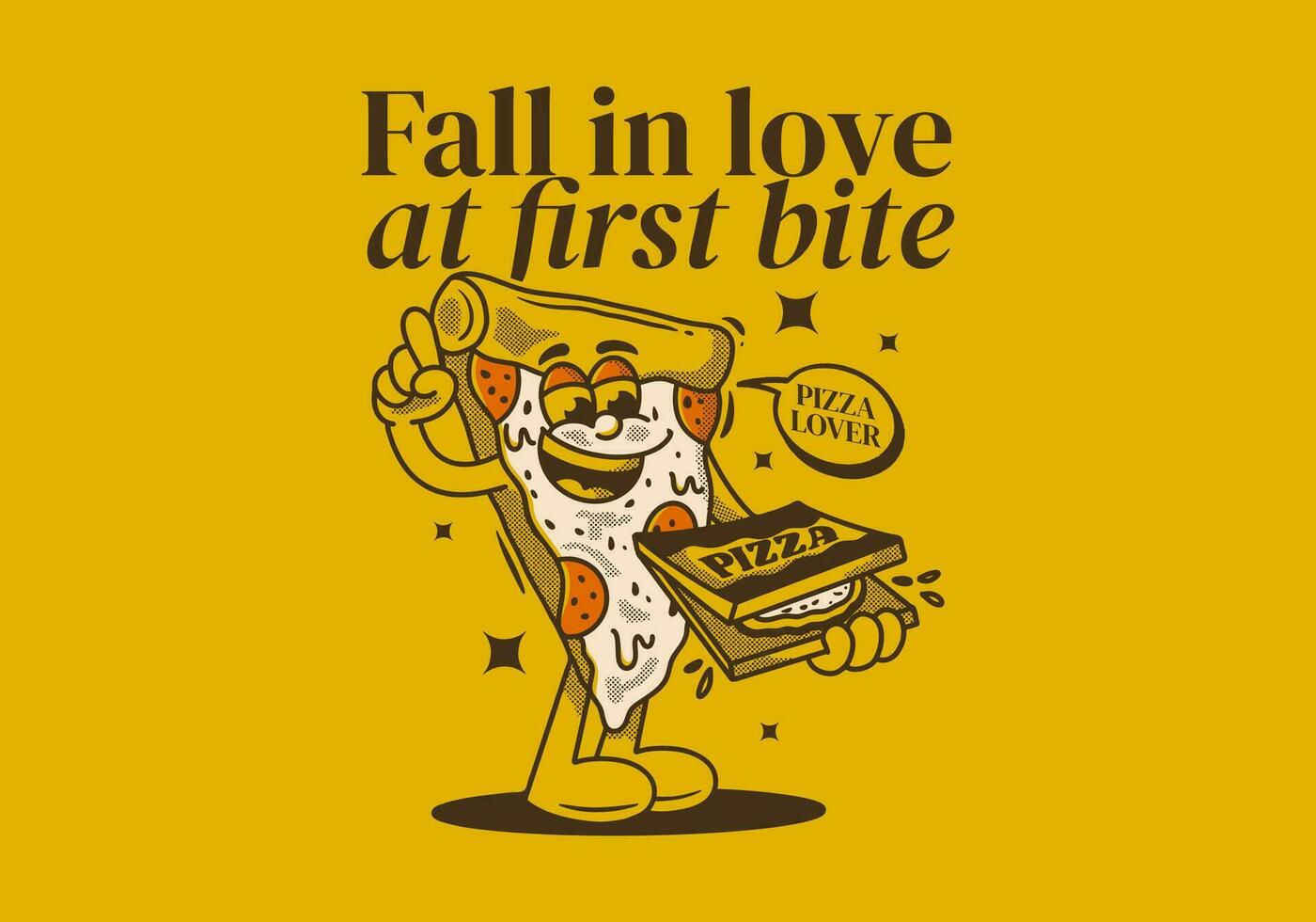 otoño en amor a primero morder. personaje de Pizza participación un caja Pizza vector