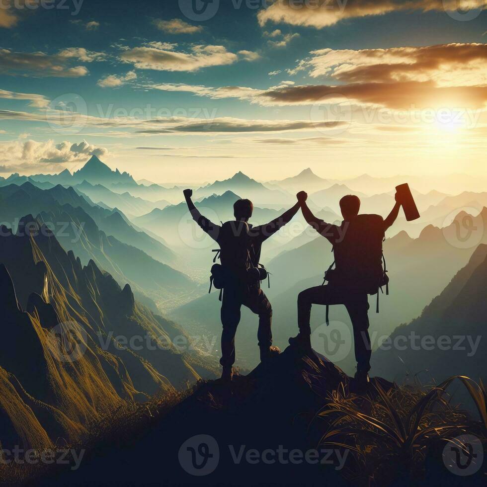 AI generated Silhouette of two hikers with arms raised celebrating success on mountain top in panoramic mountain photo