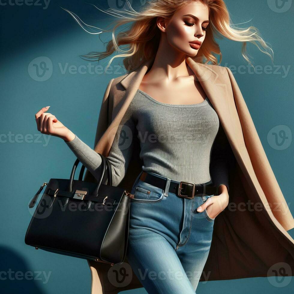 AI generated Portrait of a beautiful blonde woman with a handbag on a blue background photo