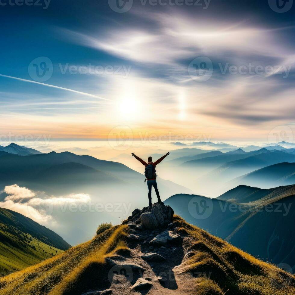 AI generated Silhouette of hiker with arms raised celebrating success on mountain top in panoramic mountain photo