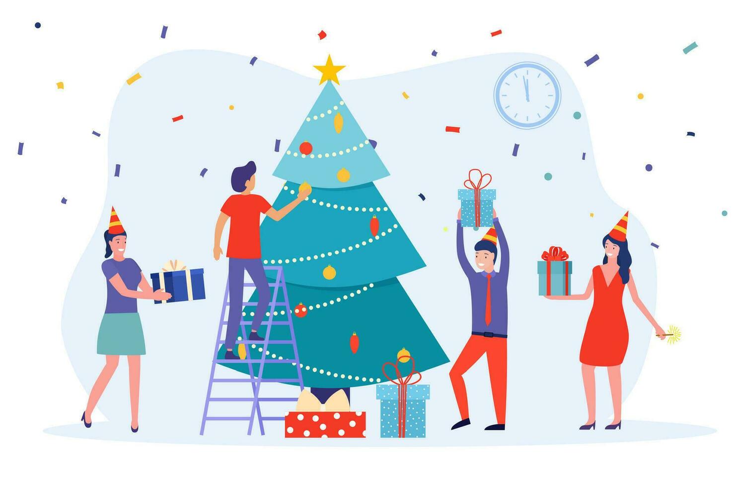 People set christmas tree decoration and give present to each other. celebrate new year. use for, landing page, template, ui, web, homepage, poster, banner, flyer. Vector illustration in flat style