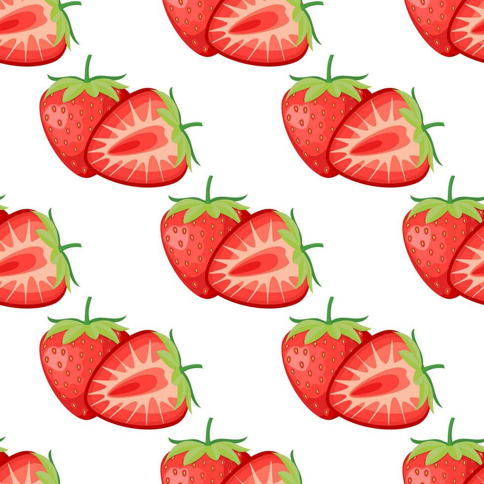 Berries fruit strawberry with leaves seamless pattern for textile prints, cards, design. Vector illustration in flat style