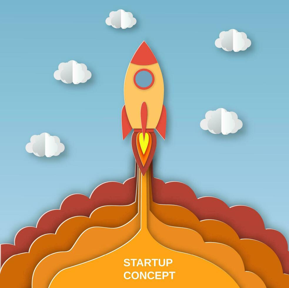 Rocket for startup business project. Paper cut startup poster template with space rocket. Concept business idea, startup, exploration. flyers, banners, posters and templates design. vector