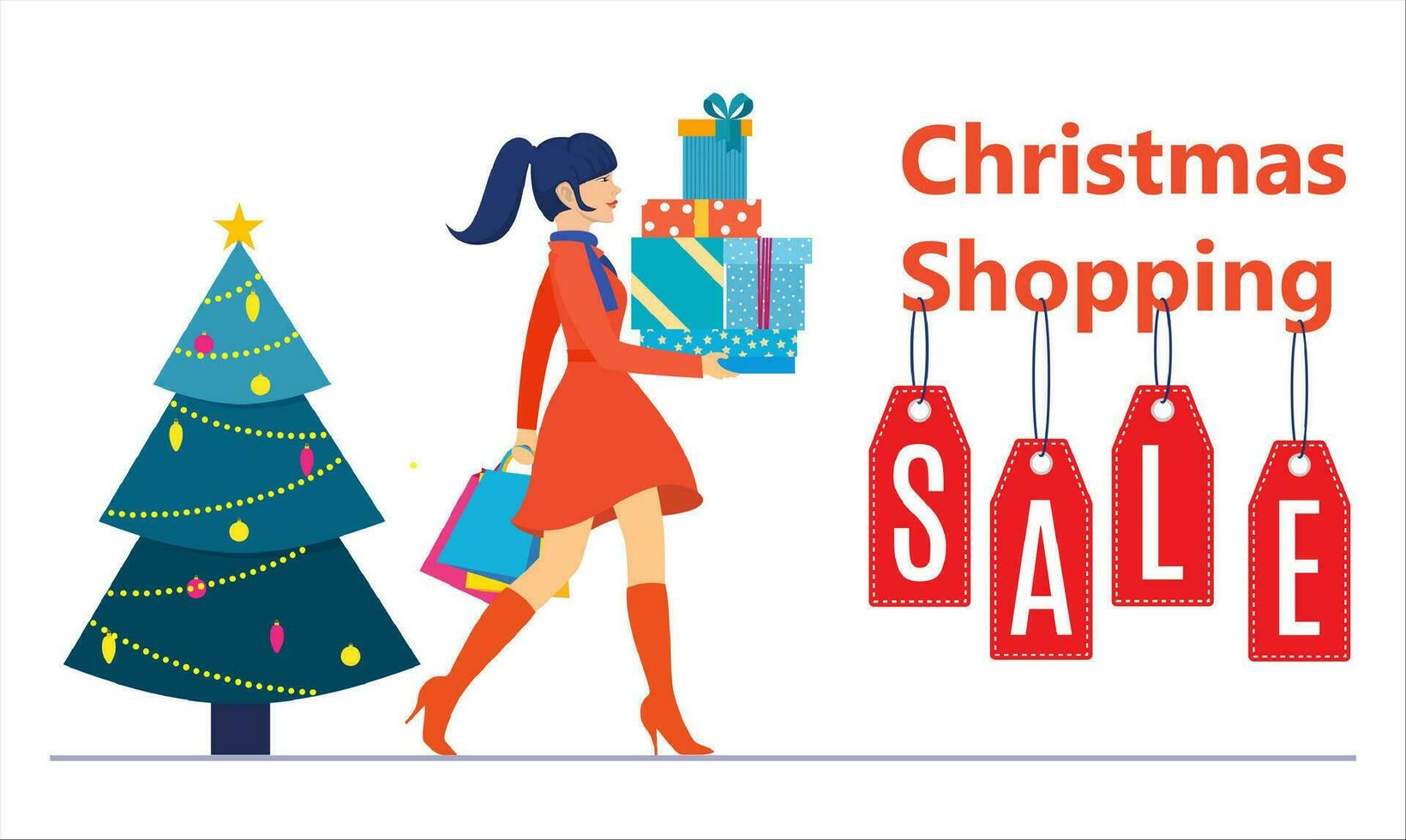 Woman with shopping bags walking. Merry Christmas sale. Vector illustration in flat style.