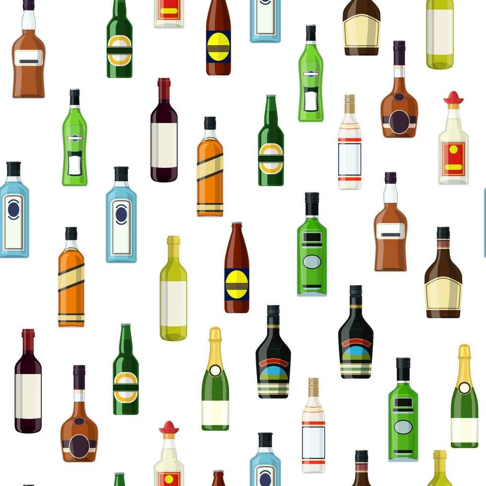 Seamless pattern Background with alcohol bottles. Vodka champagne wine whiskey beer brandy tequila cognac liquor vermouth gin rum absinthe bourbon. Vector illustration in flat style