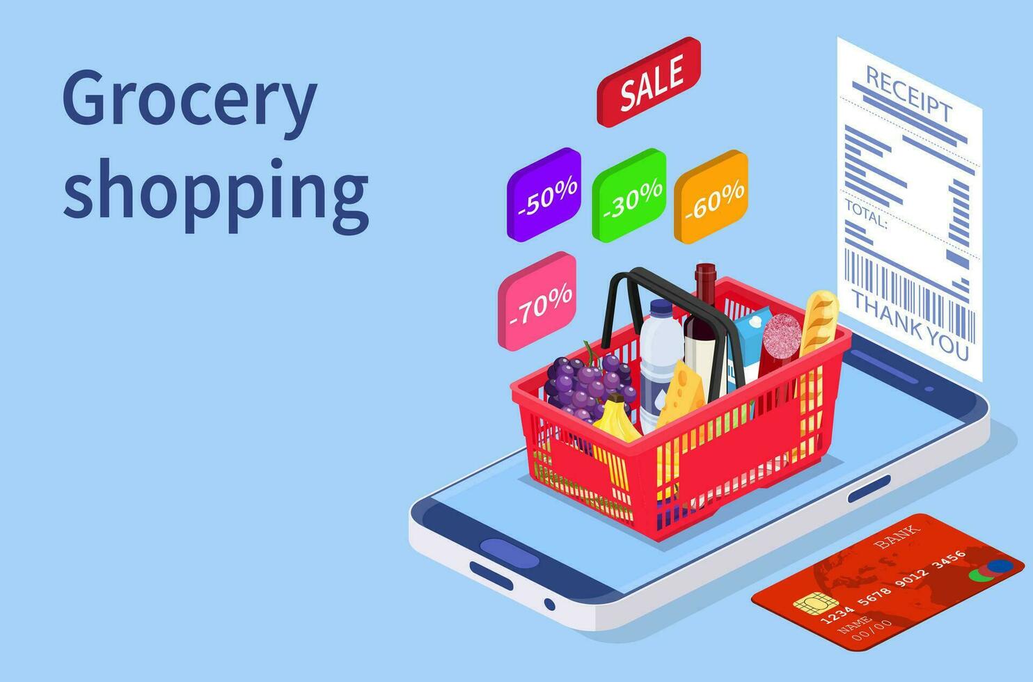 Grocery shopping online isometric concept. Can use for web banner, infographics. Vector illustration in flat style