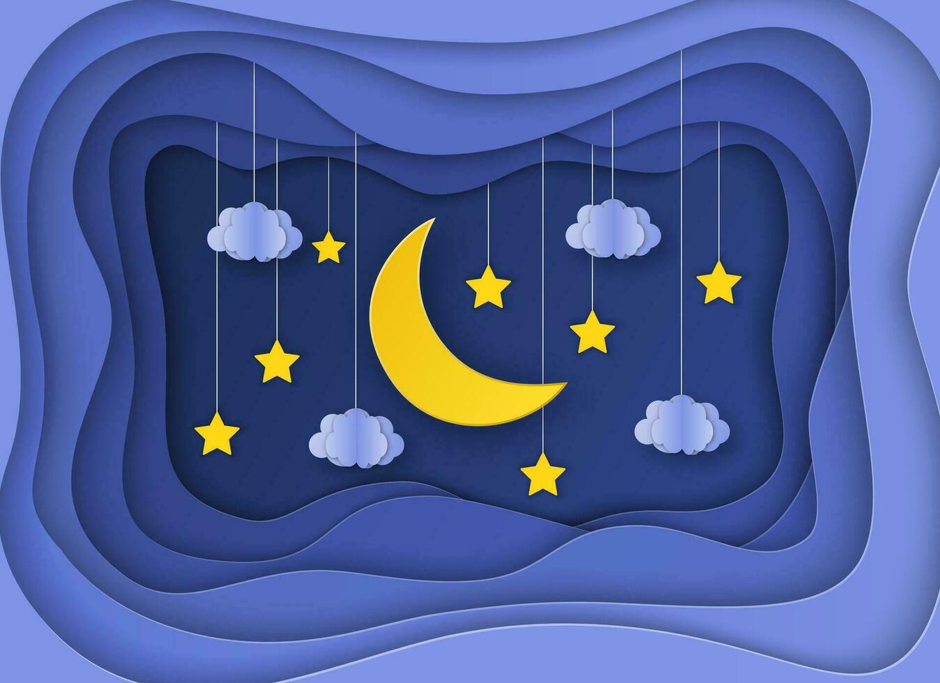 Paper art moon,star and cloud in midnight. paper cut and craft style. vector, illustration. 3D abstract background. paper cut shapes. vector