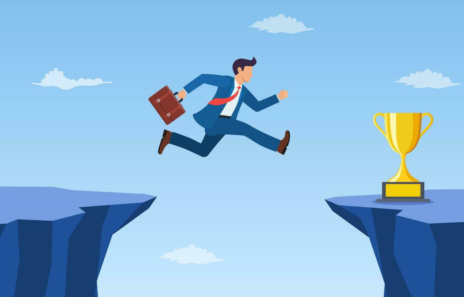 businessman jump through the gap to get golden trophy. an employee with a running jump from one cliff to another. the concept of business risk and success.Vector illustration in flat style. vector