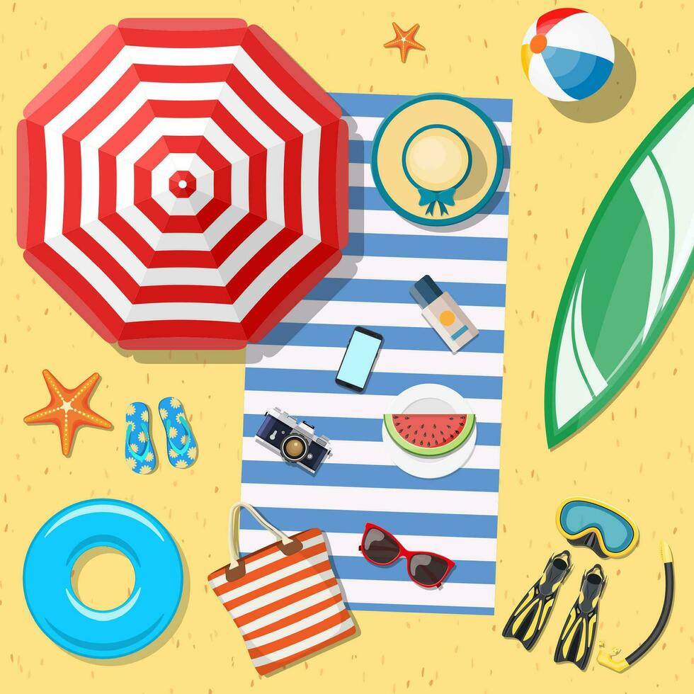 Beach Accessories top lay view on sand. Striped towel, umbrella, flip flops, flippers, float ring, snorkeling mask, bag, sunglasses, sun cream, hat, watermelon Vector illustration in flat style