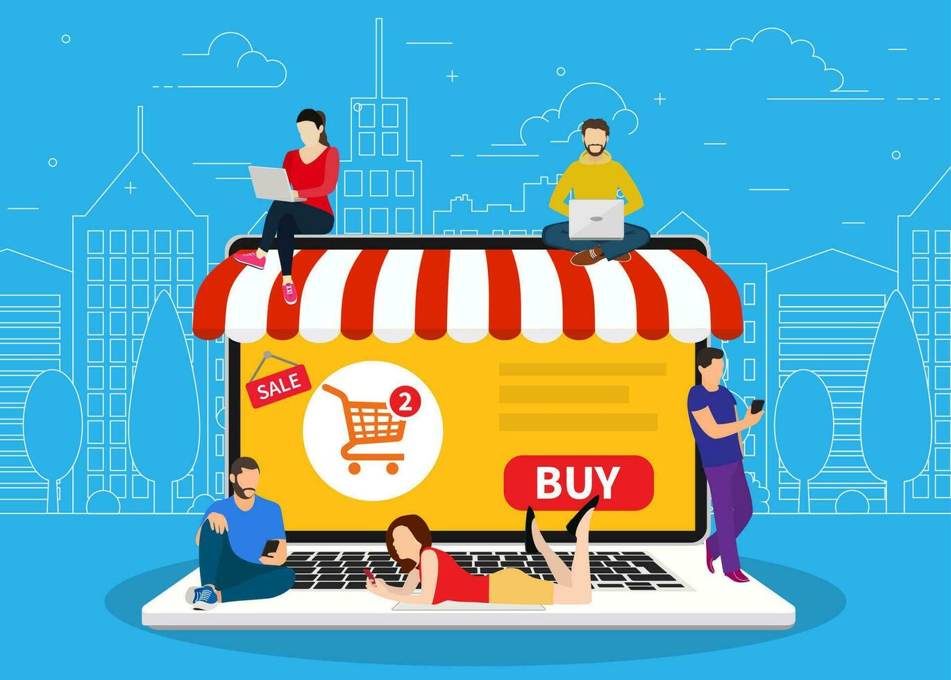 E-commerce cart concept. people using mobile gadgets such as tablet and smartphone for online purchasing and ordering goods. Vector illustration in flat style