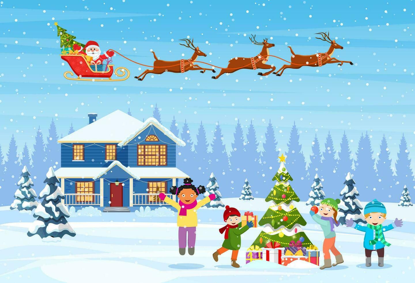 happy new year and merry Christmas greeting card. Christmas landscape. kids decorating a Christmas tree. Winter holidays. Santa Claus with deers in sky. Vector illustration in flat style