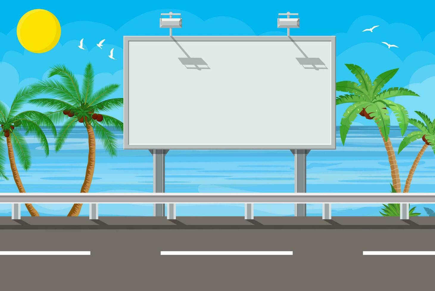 Billboard on the road. Empty urban big board or billboard with lamp. Blank mockup. Marketing and advertisement. Vector illustration in flat style