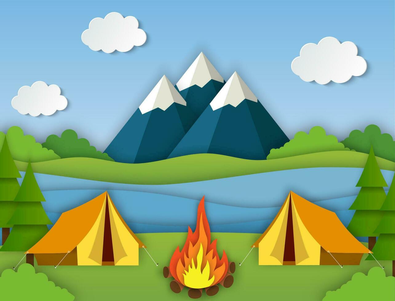 Paper cut summer landsape. Landscape with yellow tent, forest and mountains on the background. Adventures in nature, vacation, and tourism vector illustration.