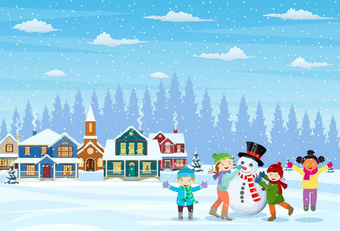 happy new year and merry Christmas greeting card. Christmas landscape.Children building snowman. Winter holidays. Vector illustration in flat style