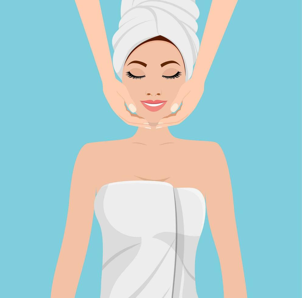 Face massage. Spa skin and body care. Close-up of young woman getting spa massage treatment at beauty spa salon. SPA beauty and health concept. Vector illustration in flat style