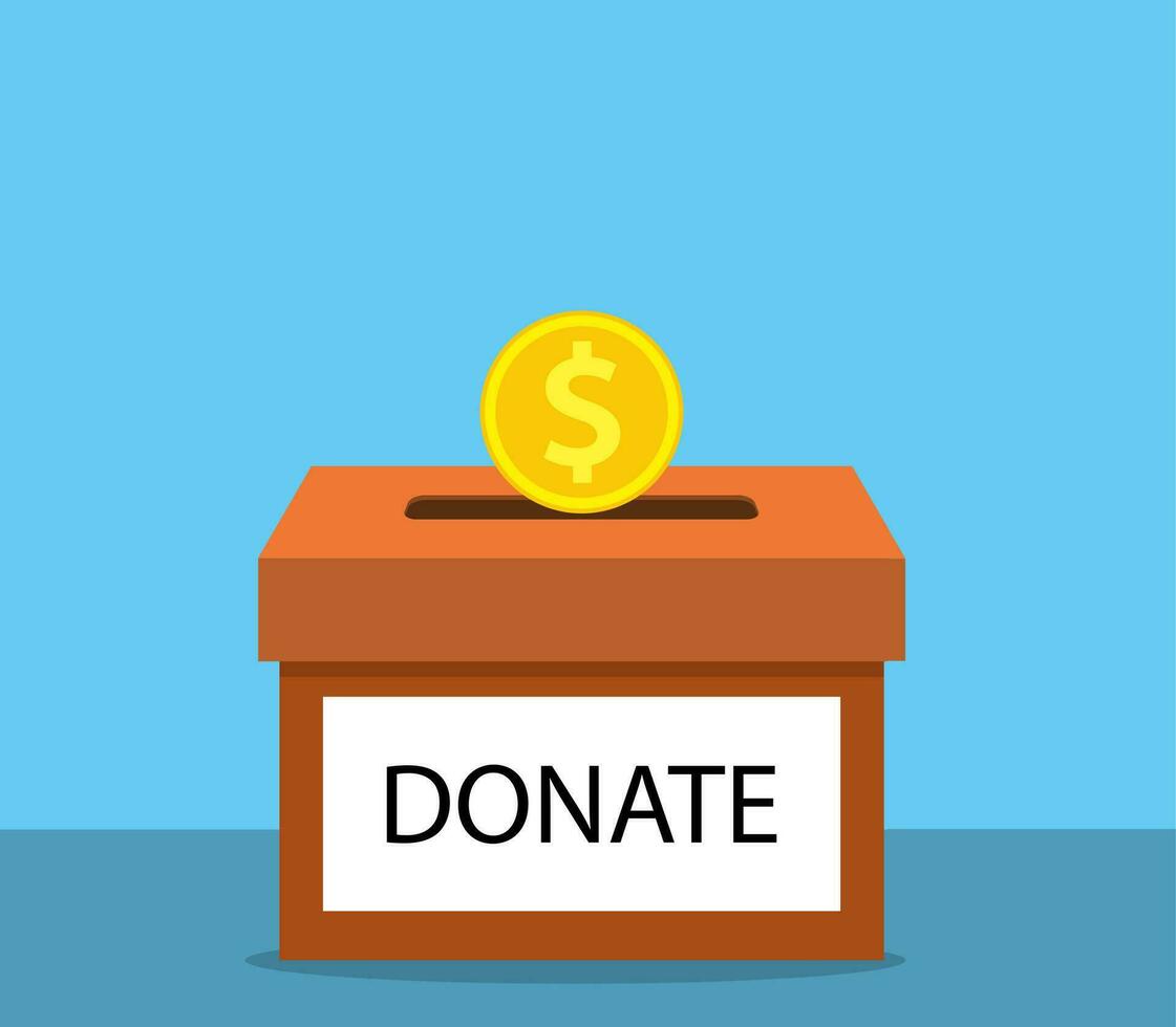 donación concepto. donar dinero con caja negocio, finanzas. monedas depositando en un caja de cartón caja. vector ilustración en plano estilo