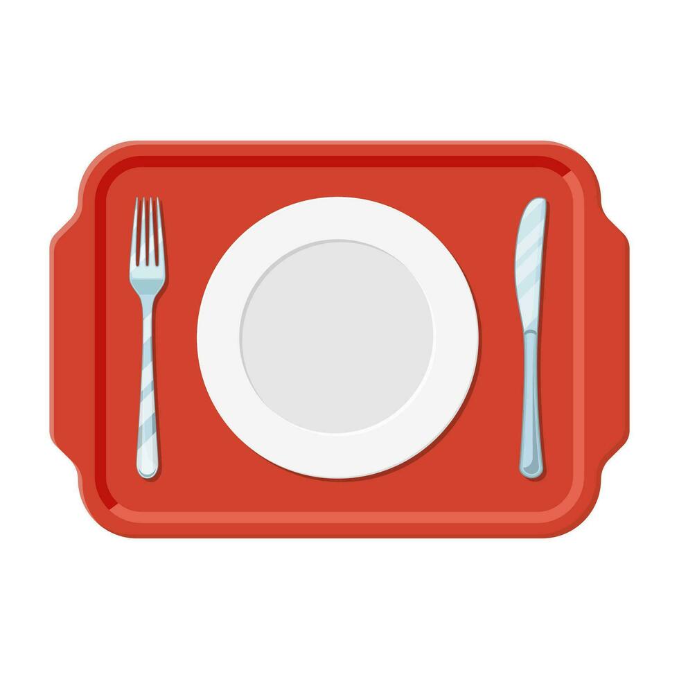 A plastic tray with iron plate knife and fork isolated white, top view. vector illustration in flat style