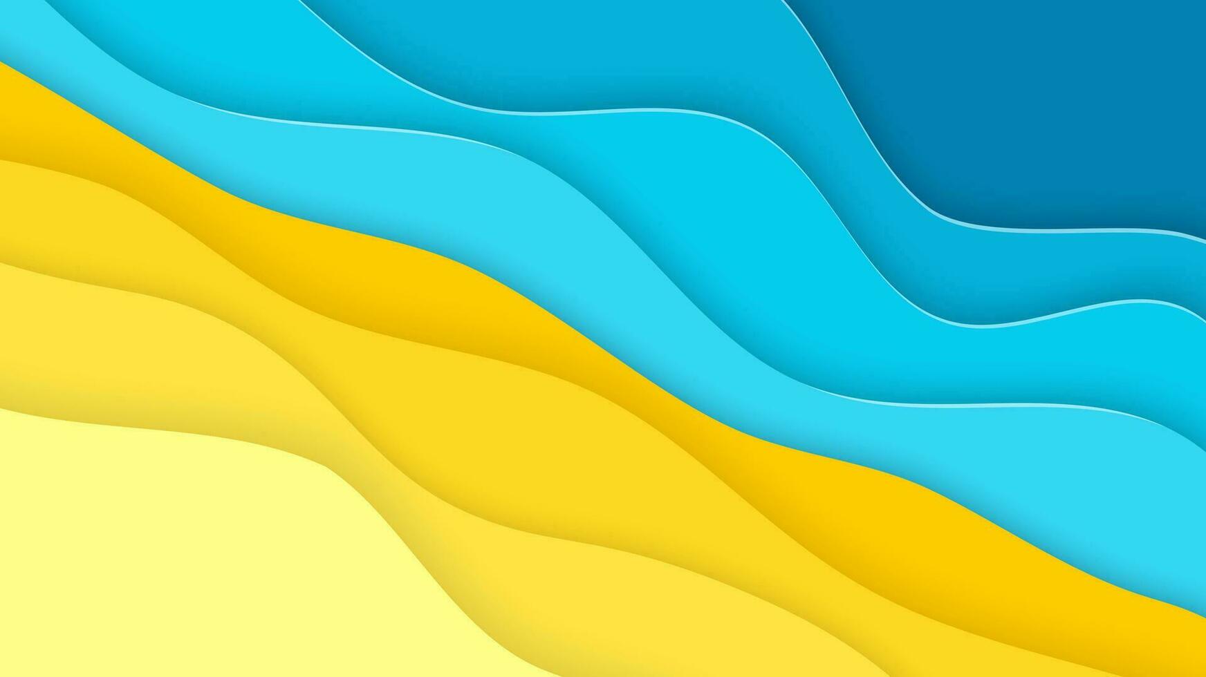 Abstract blue sea and beach summer background with paper waves and seacoast for banner, invitation, poster or web site design. Paper cut style. Vector illustration