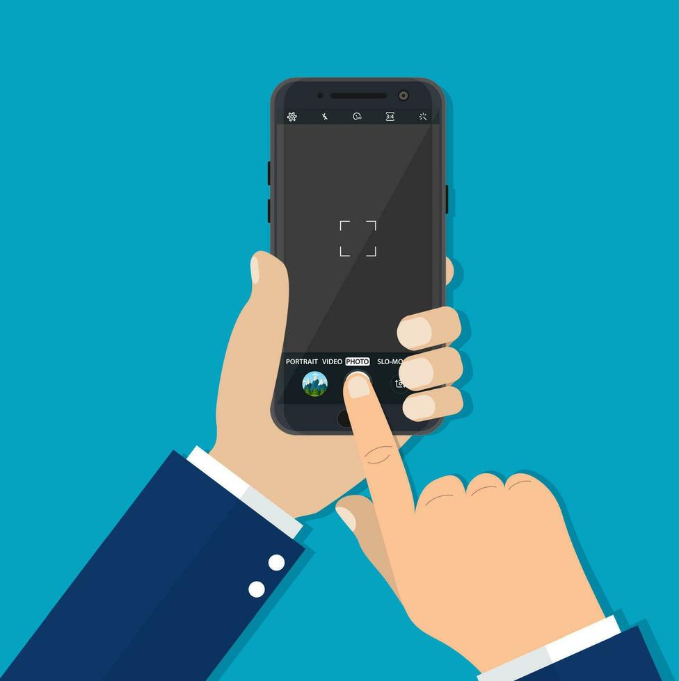 Modern smartphone with camera application. User interface of camera viewfinder. Focusing screen in recording time. Vector illustration flat style