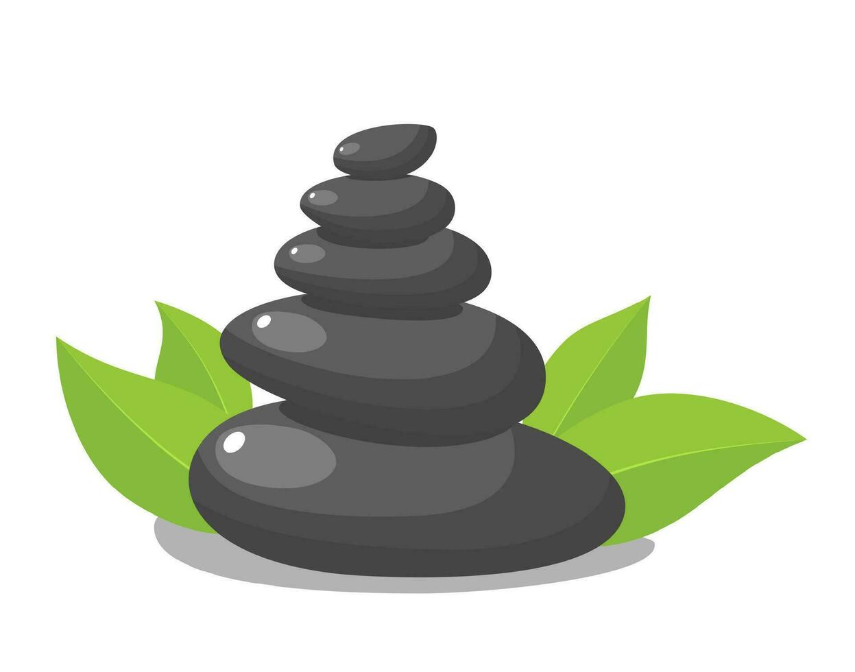 Stack black hot stones with leaves, spa salon accessory. Stack basalt stones for hot stone massage in spa salon. Vector illustration in flat style