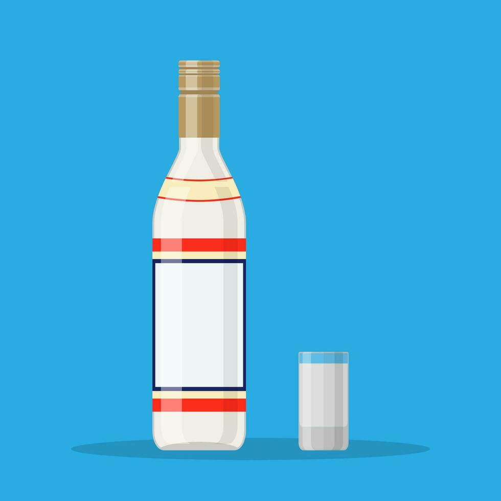Bottle of vodka with shot glass. vector