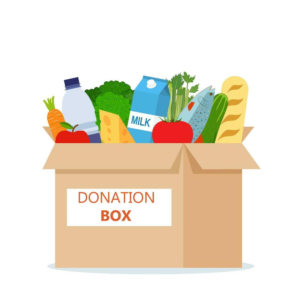 Cardboard box full of food. Needed items for donation. Water, bread, milk, fruits and vegetables products. Food drive bank, charity, thanksgiving concept. Vector illustration flat style