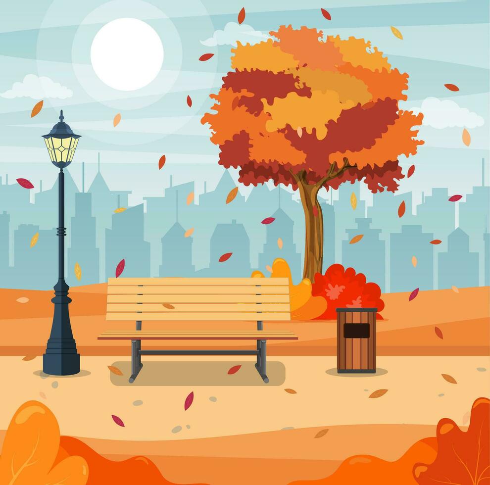 beautiful autumn city park with bench and town building background. Beautiful urban fall park for banner, poster, web. Vector illustration in flat style.