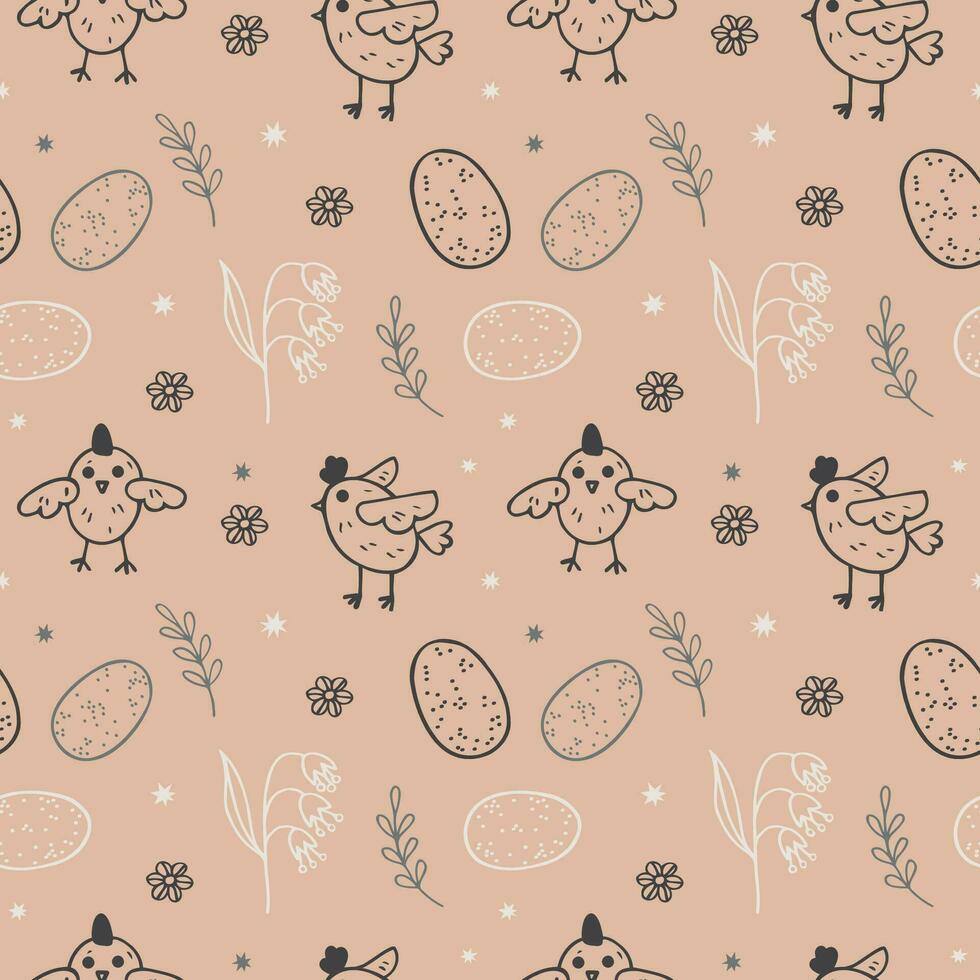 Easter seamless pattern boho style hand drawn vector illustration spring motif. Repeating sketch background with chickens, Easter eggs on backdrop wild plants. For packing, paper, card, print, flaer