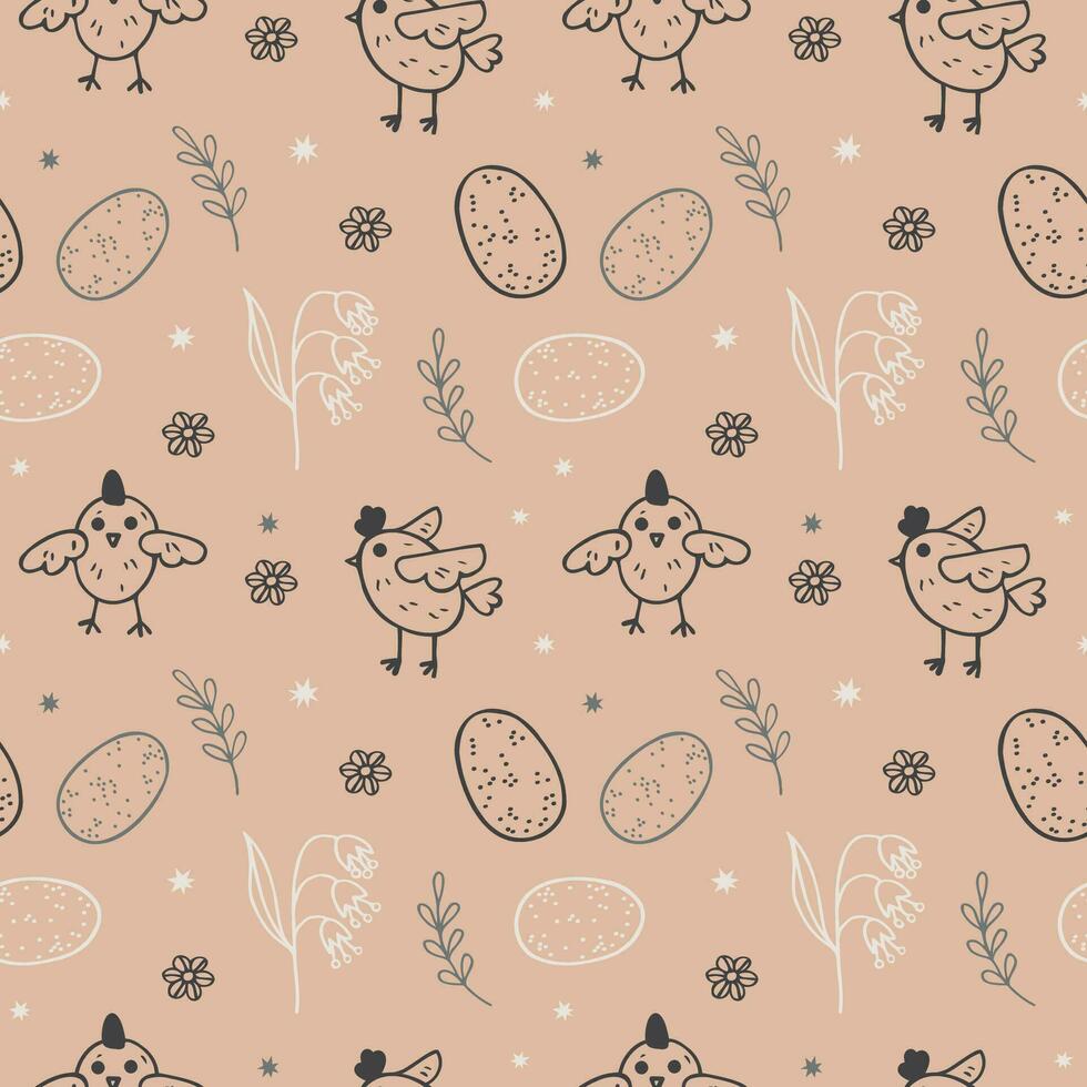 Easter seamless pattern boho style hand drawn vector illustration spring motif. Repeating sketch background with chickens, Easter eggs on backdrop wild plants. For packing, paper, card, print, flaer