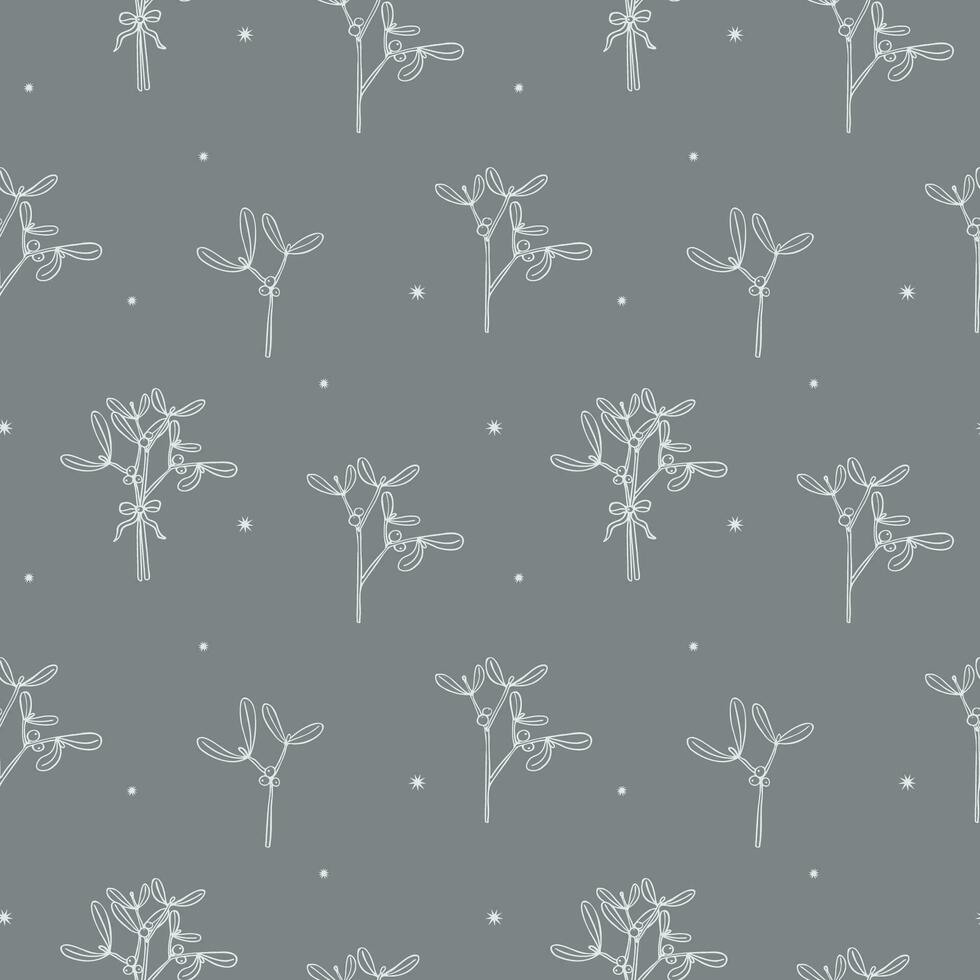 Mistletoe plants boho seamless pattern vector illustration. Hand drawn background with branch leaves and flower Mistle. Medicinal magical Noel flower, amulet. For print, design, card, paper, wrapping