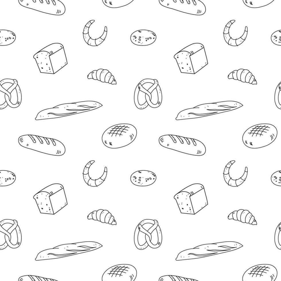 Bakery products seamless pattern vector illustration background.Hand drawn ornament with bread, bun, croissant. Food and bake design for poster, label, template, card, backdrop, print, menu, wrapping