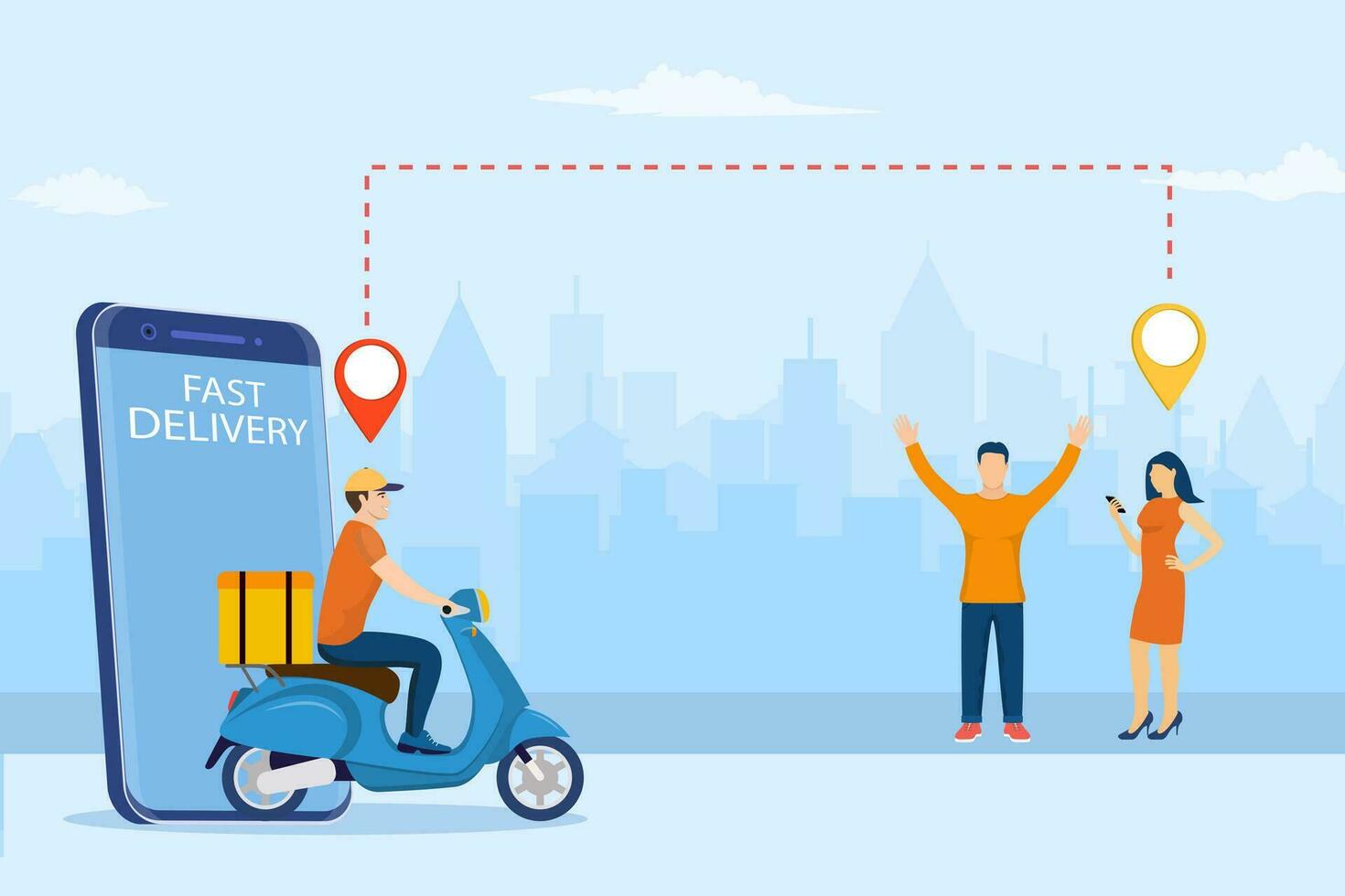 online delivery service concept. woman order food via smartphone. delivery home and office. scooter courier. template, mobile app, poster, banner. Vector illustration in flat style