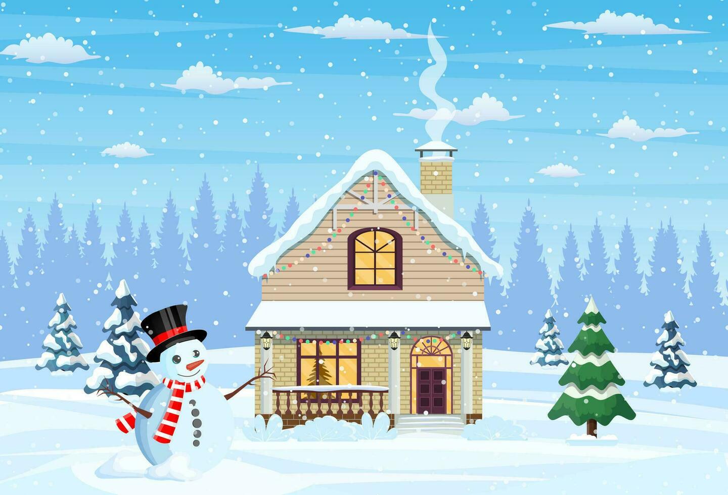 suburbano casa cubierto nieve. edificio en fiesta ornamento. contento nuevo año decoración. alegre Navidad día festivo. nuevo año Navidad celebracion. vector ilustración