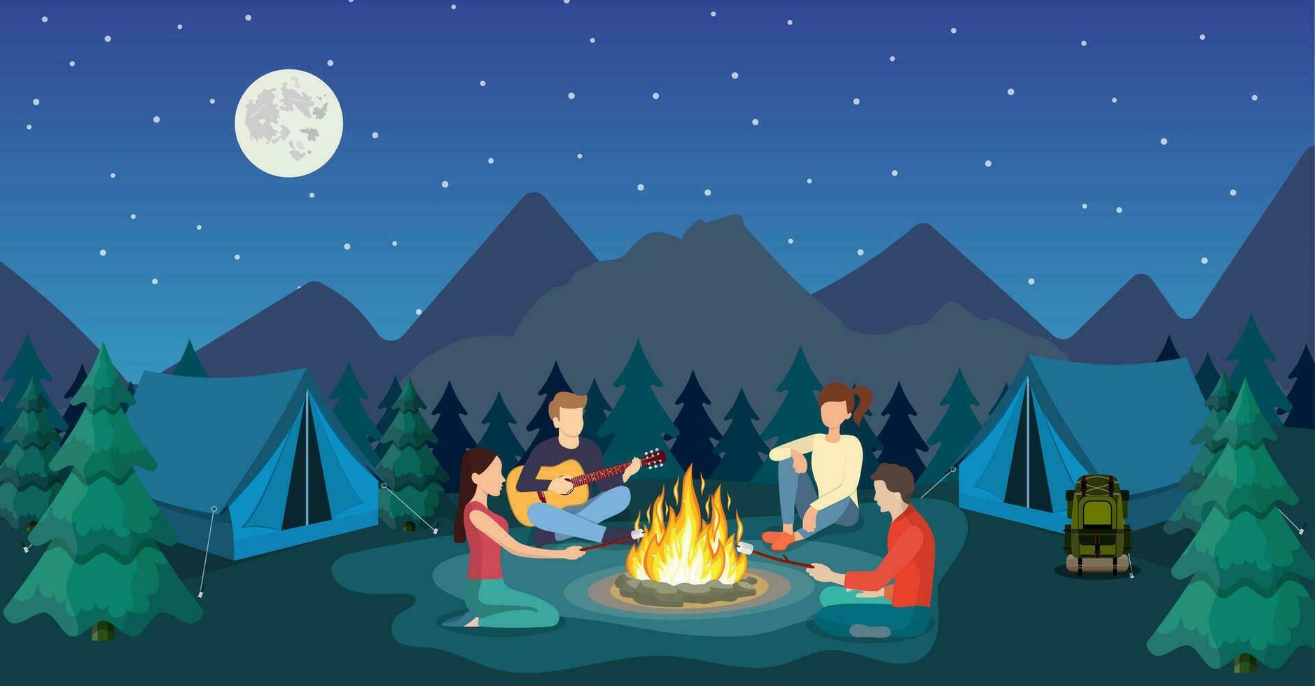 Group of young people are sitting around campfire. Young tourists, campers cartoon characters. Man playing guitar. Vector illustration in flat style