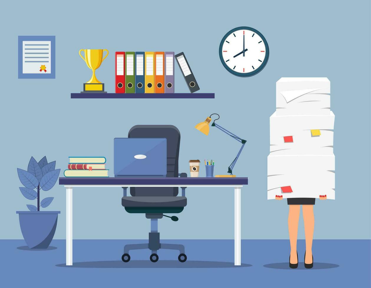 Office interior with desk, chair, computer. Stressed businesswoman holds pile of office papers and documents. Paperwork. Bureaucracy concept. Stressed employee. vector illustration in flat design.