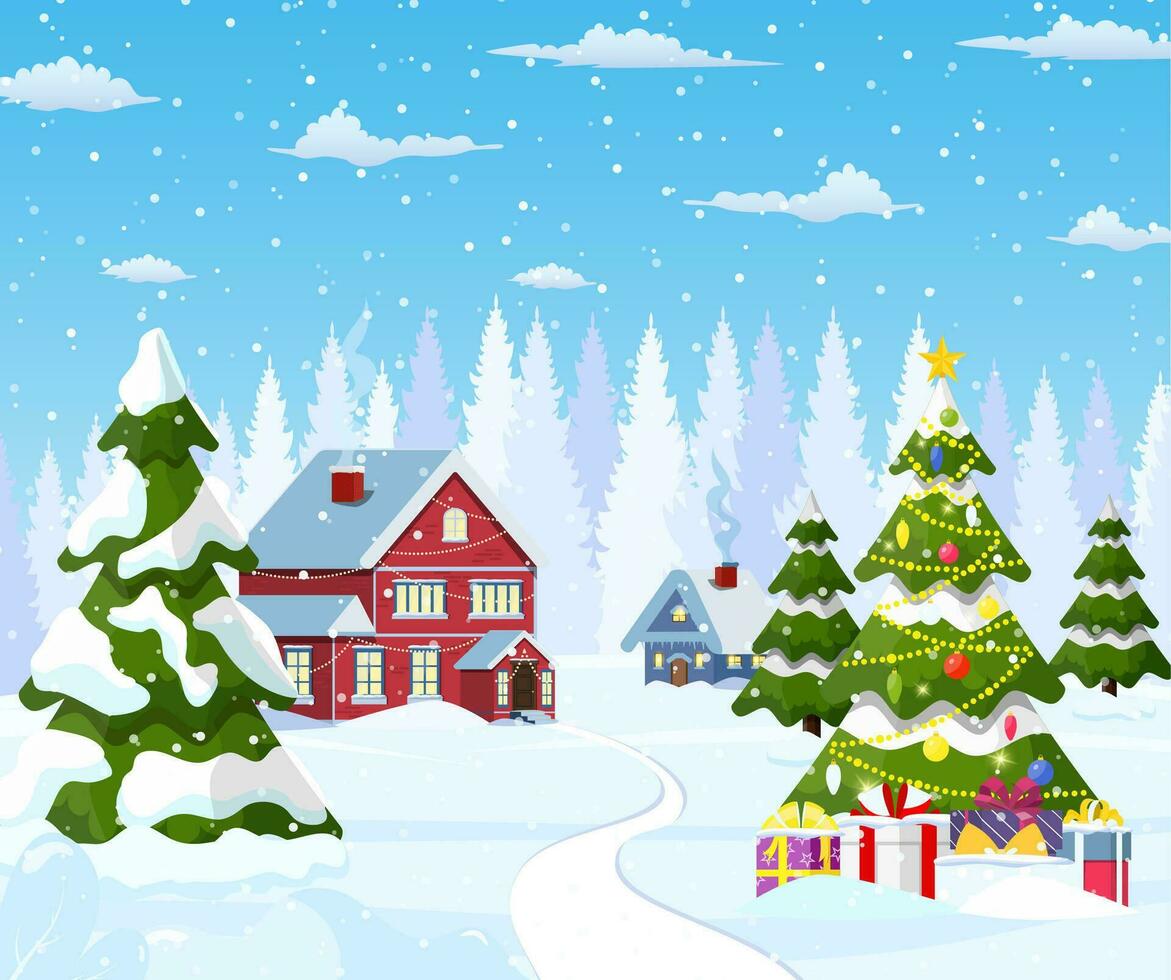 suburbano casa cubierto nieve. edificio en fiesta ornamento. Navidad paisaje árbol abeto. contento nuevo año decoración. alegre Navidad día festivo. nuevo año Navidad celebracion. vector ilustración
