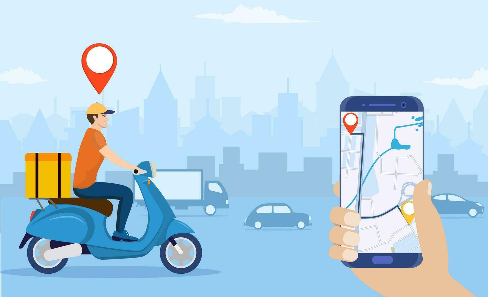 Online delivery service concept, online order tracking, delivery home and office. scooter courier. Online pizza order. goods shipping, food online ordering. Vector illustration in flat style