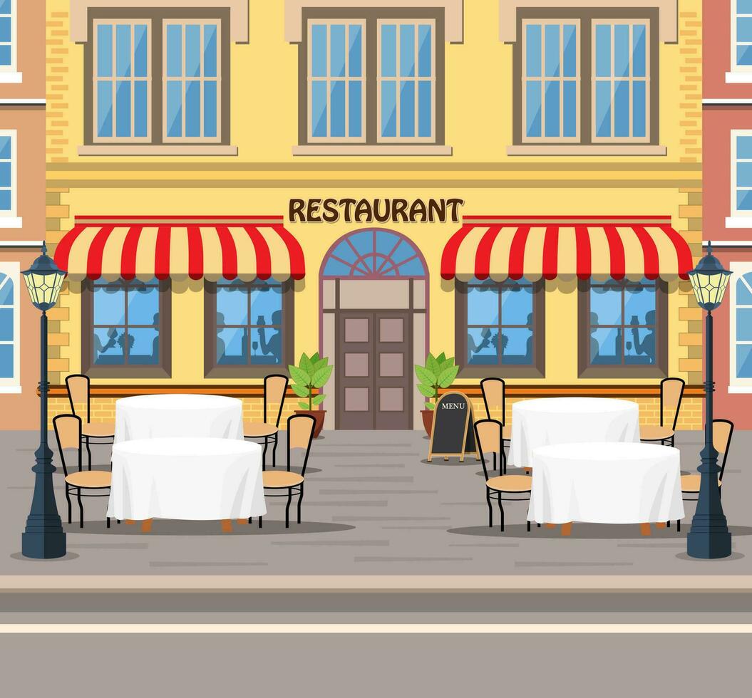 fachada de moderno rápido comida restaurante. café pequeño restaurante cena café casa concepto. vector ilustración en plano estilo