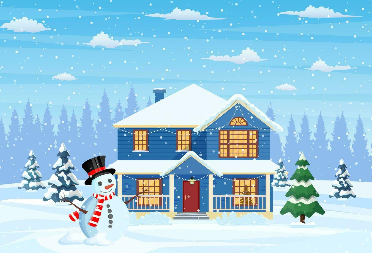 Suburban house covered snow. Building in holiday ornament. Happy new year decoration. Merry christmas holiday. New year xmas celebration. Vector illustration