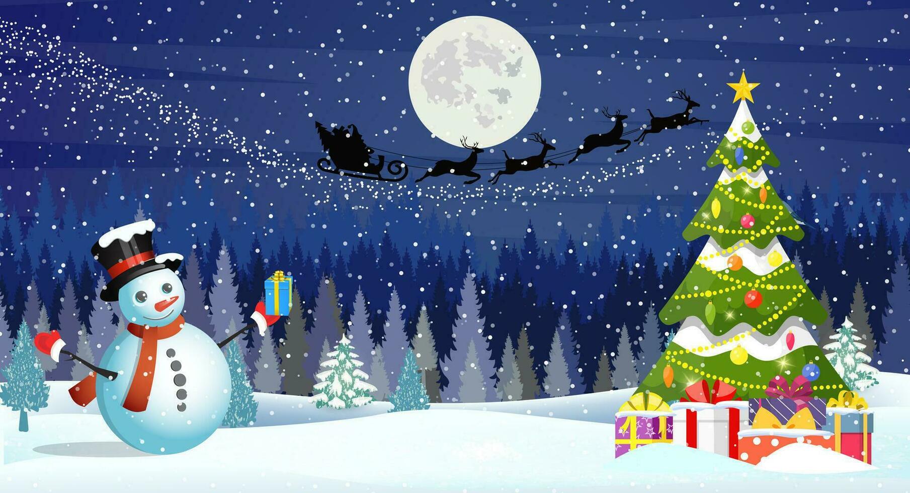 Christmas landscape at night. christmas tree and snowman. background with moon and the silhouette of Santa Claus flying on a sleigh. concept for greeting or postal card vector