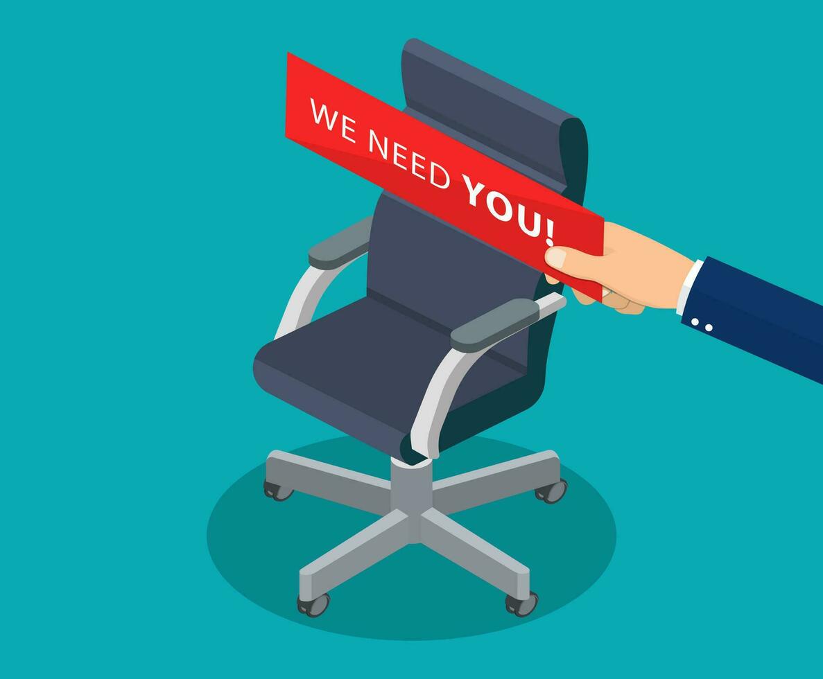 business chair with Hand holding cardboard with we need you message. Isometric 3d style design for web, site, advertising, banner, poster. Business recruiting and hiring concept. vector