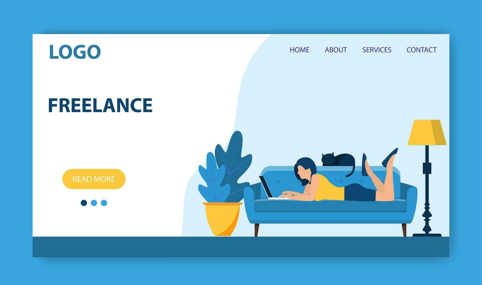 Freelance work landing page template. Concept design for poster, banner, flyer, web page. Woman with laptop lying on sofa. Vector illustration in flat style