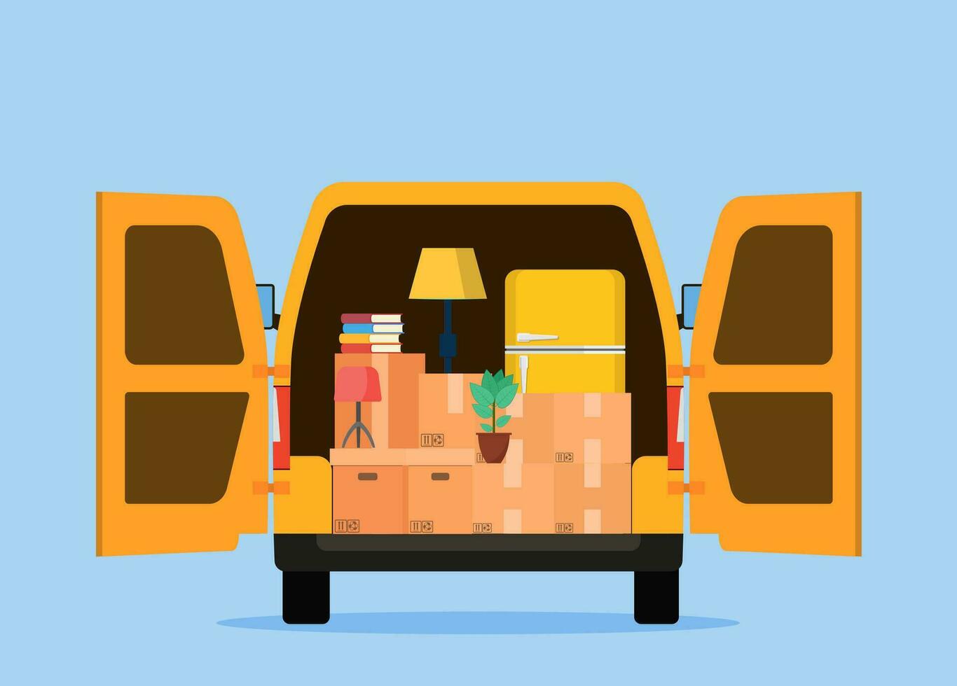 Delivery service concept. moving house. Open delivery truck with furnitures and cardboard boxes. Delivery truck with a bunch of boxes. Vector illustration in flat style