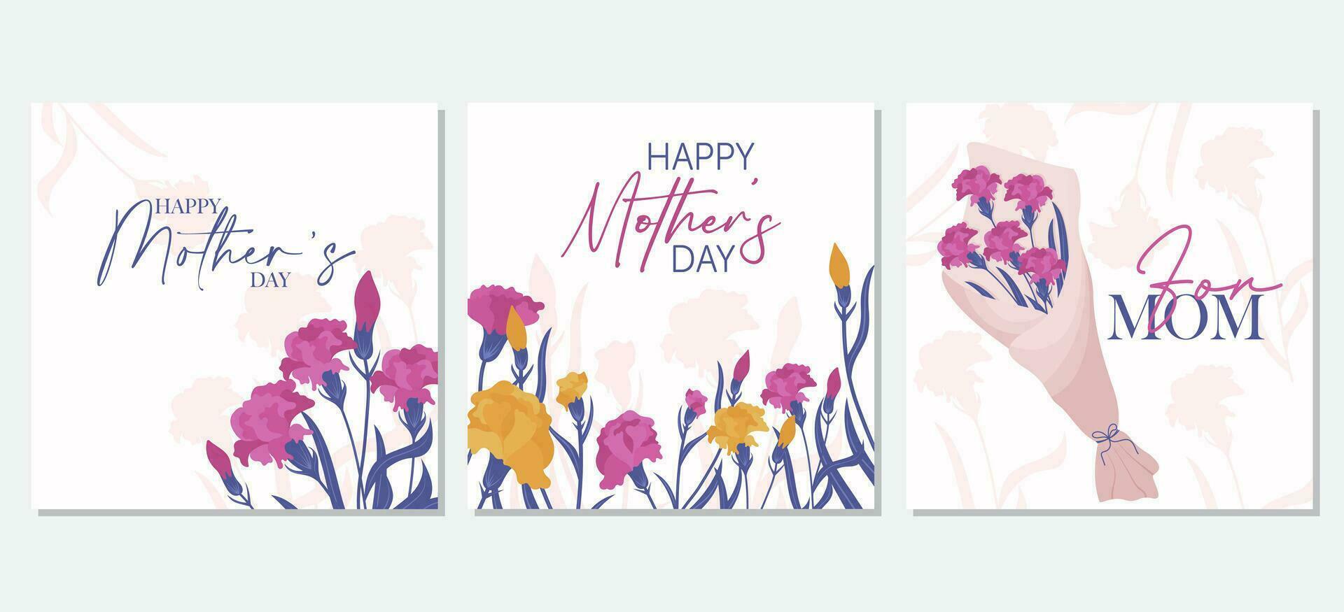 Happy Mothers Day greeting cards. The set is great for social media posts, cards, brochures, flyers, and advertising poster templates. Vector illustration.