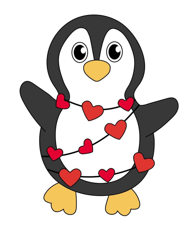 Cartoon Valentine day Penguin character. Cute Penguin in garland heart. Vector flat illustration.