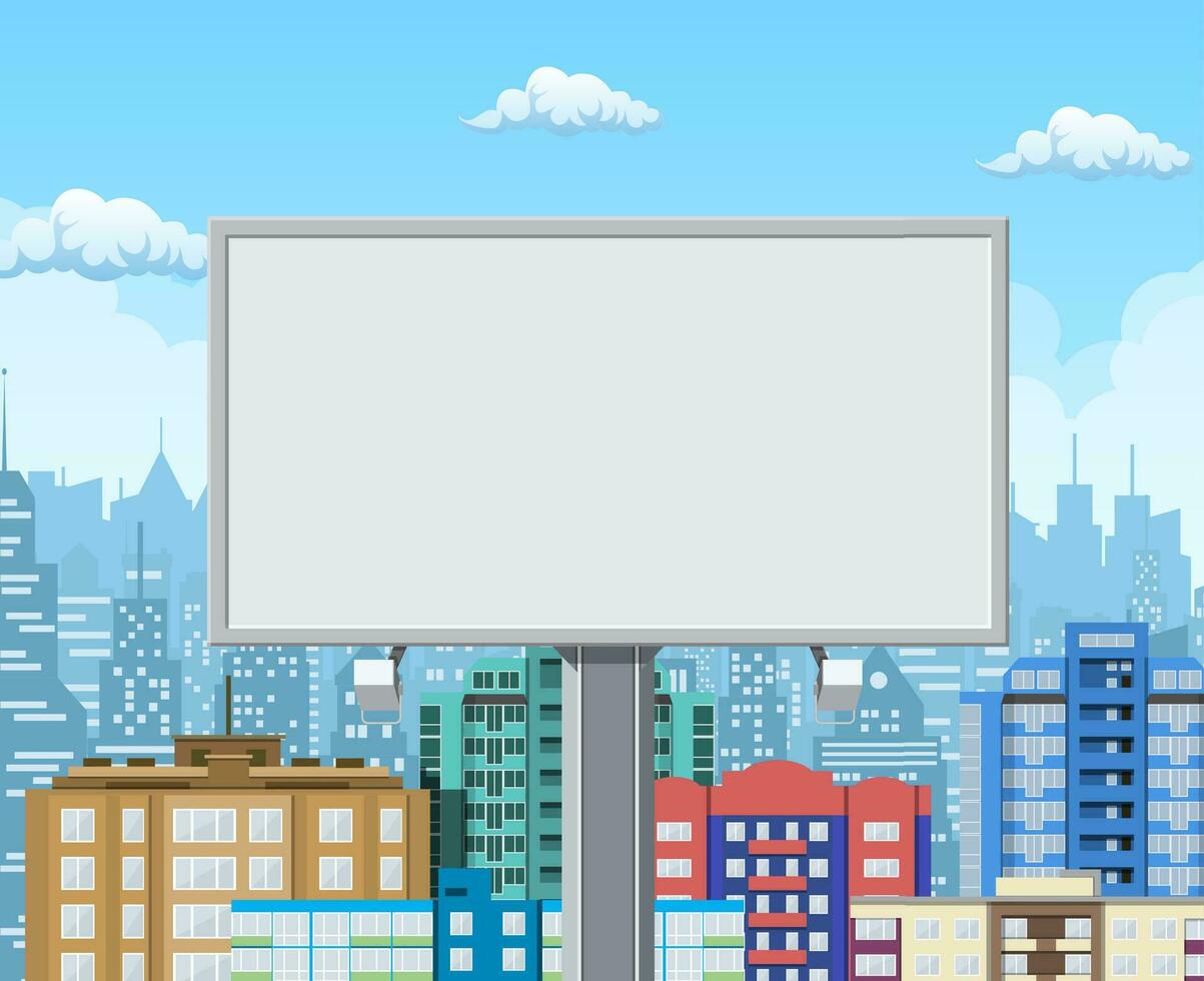 Empty urban big board or billboard with lamp. Blank mockup. Marketing and advertisement. Cityscape background with buildings, sky and clouds. Vector illustration in flat style