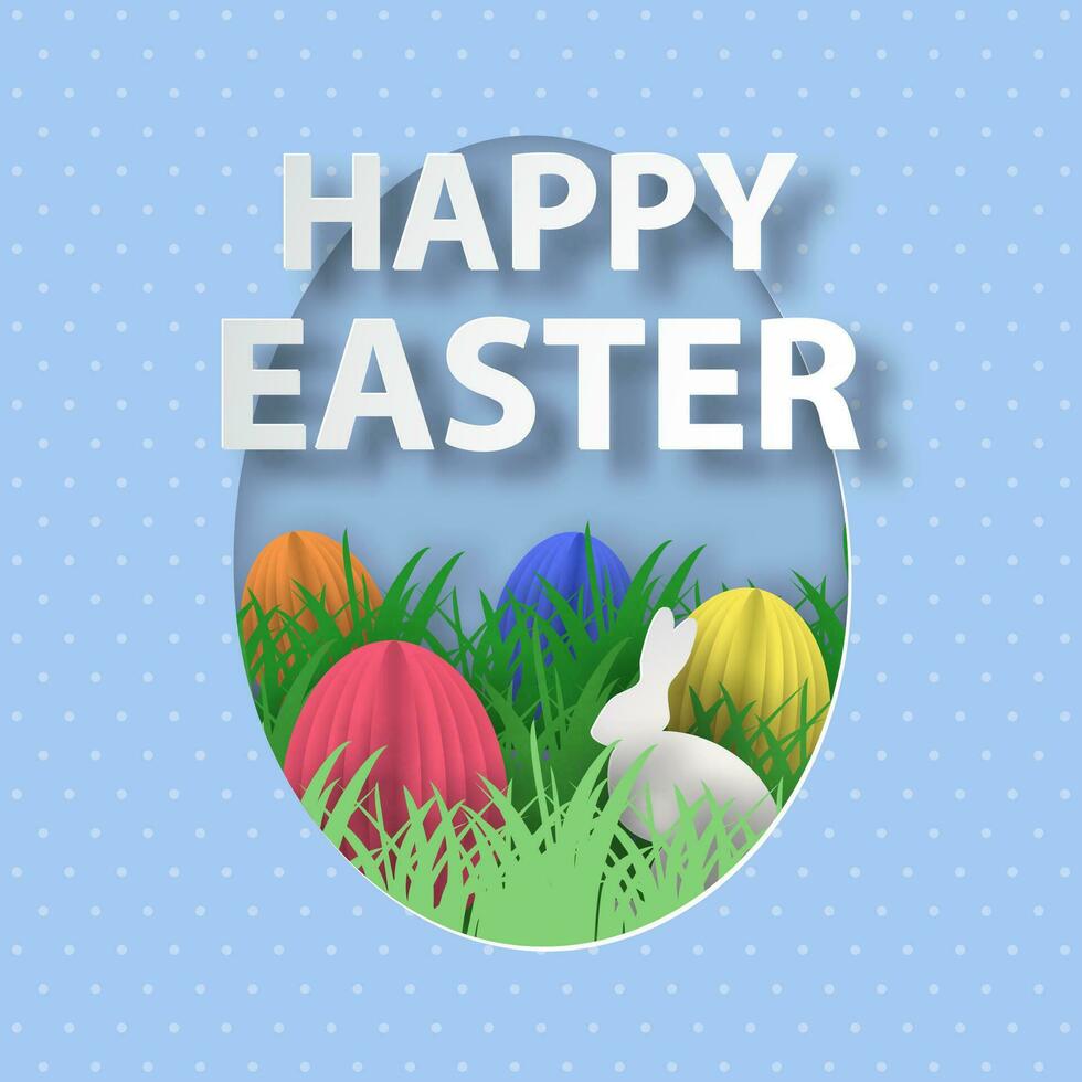 3d resumen papel cortar. conejo, césped, flores y huevo caza. contento Pascua de Resurrección saludo tarjeta modelo. vector
