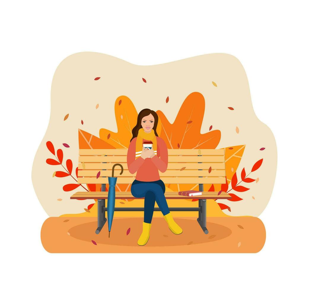 contento niña sentado en un banco con un taza de café, debajo un árbol con que cae hojas en un parque. hermosa otoño ciudad parque con banco. vector ilustración en plano estilo